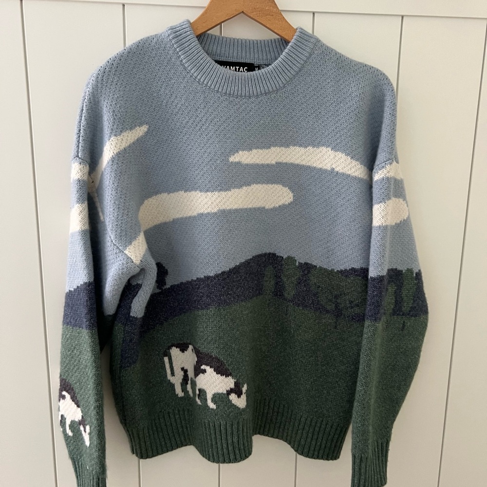 Blue and Green Landscape Sweater with cows